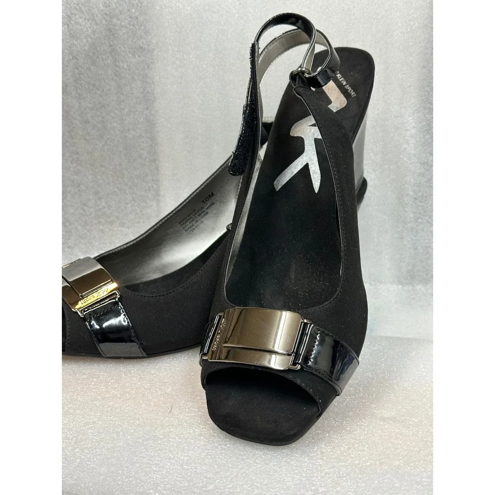 Anne‎ Klein Sport Black Slingback Wedge Peep Toe Heels Shoes Women 10M